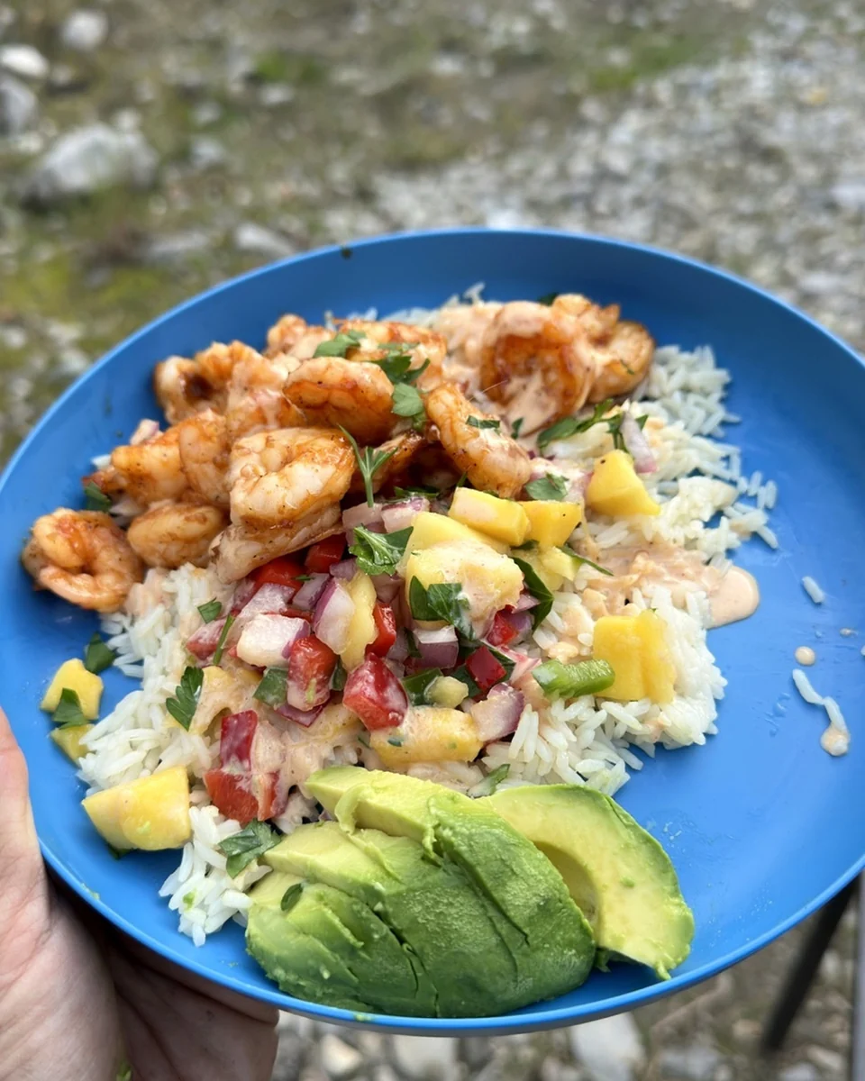 Shrimp over rice with avocado and a fresh salsa, served on a blue plate at camp.